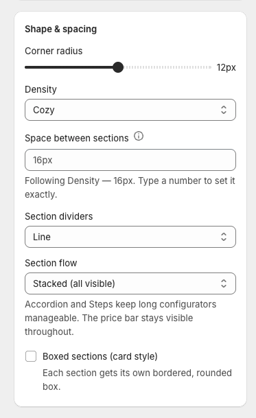 The Shape & spacing card on a design theme