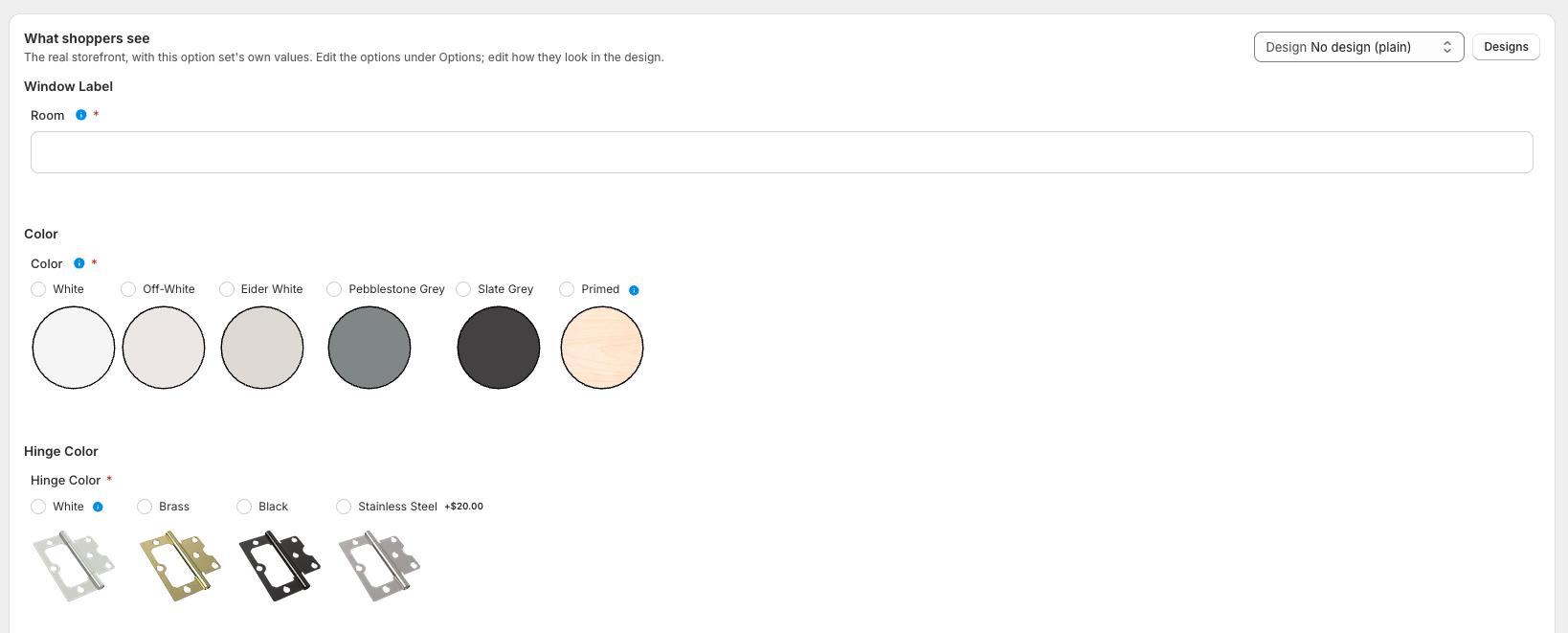 The design theme editor: controls on the left, a live preview of the configurator on the right