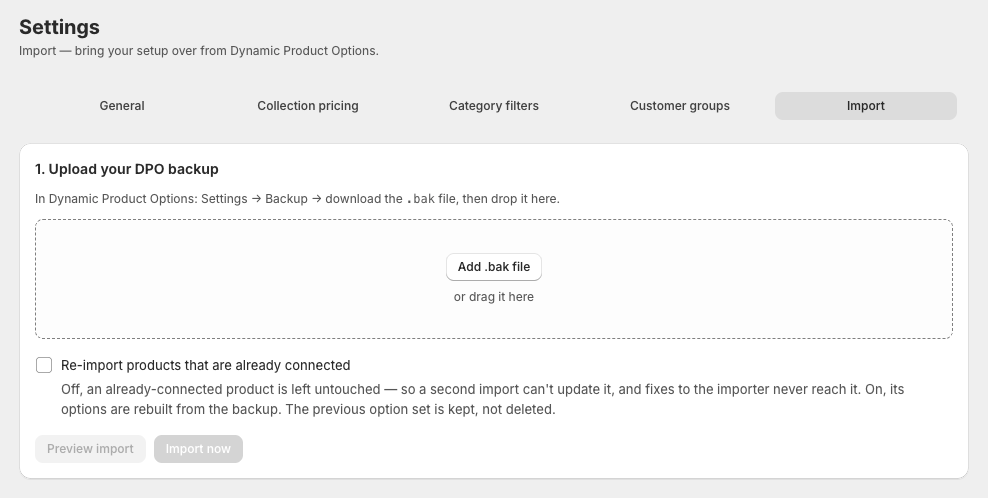 The import preview listing what the backup contains — templates, product connections, pricing rules and review notes — before anything is written