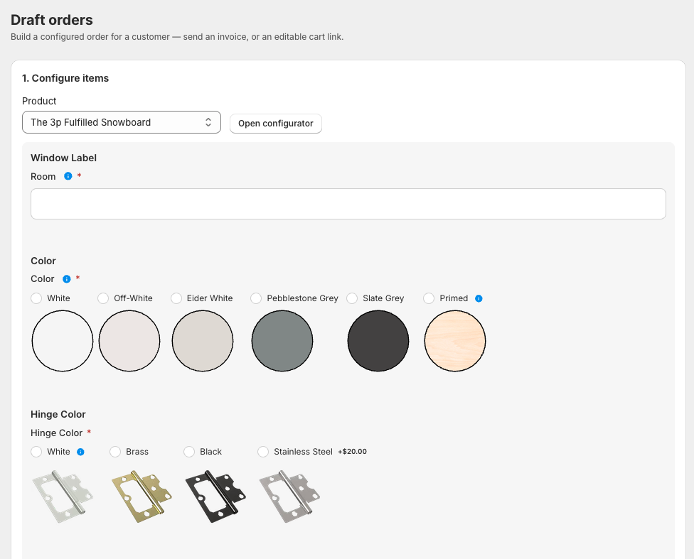 The draft order builder: a product being configured on the left with a running total, and the lines added so far on the right