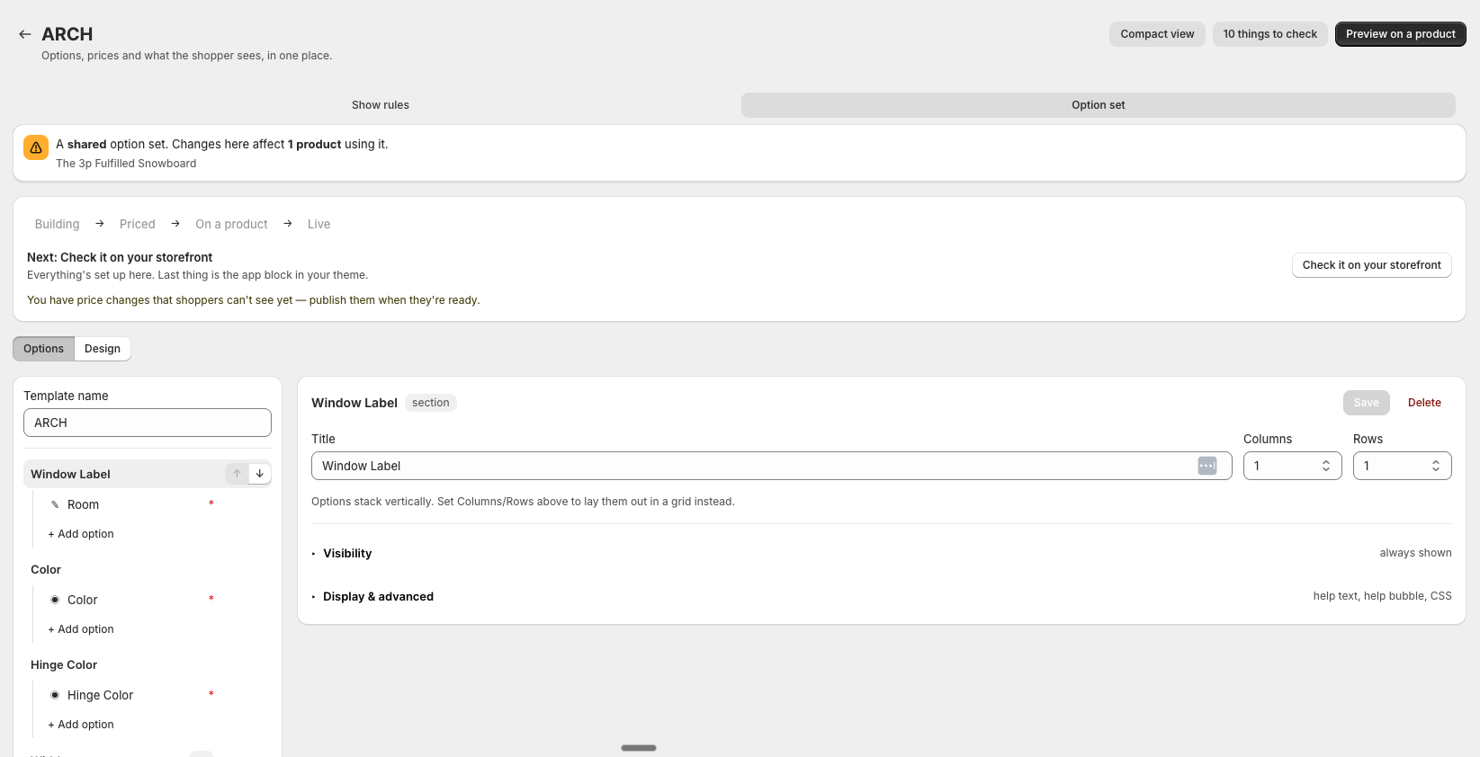 The option set editor: the section outline on the left, a section's options in the middle, and the inspector for the selected option on the right