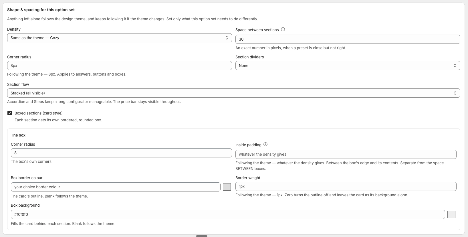 Shape & spacing on an option set, showing fields following the theme