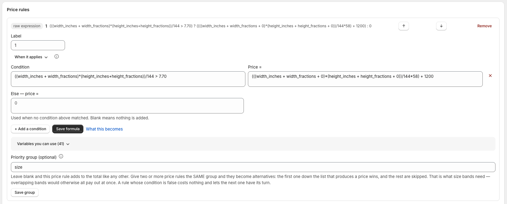A pricing rule with its Group field set