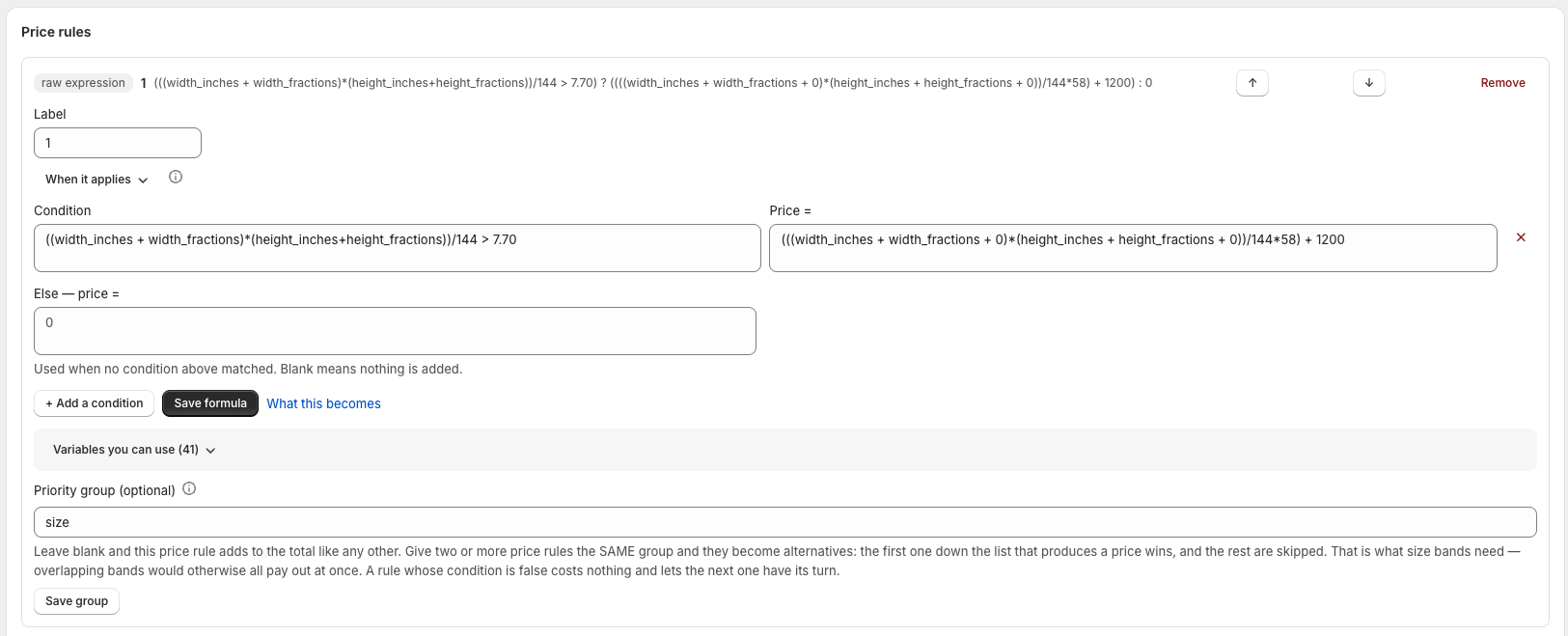 A template's Pricing tab showing several rules stacked in order — a flat base charge, a size rate table and a multiplier