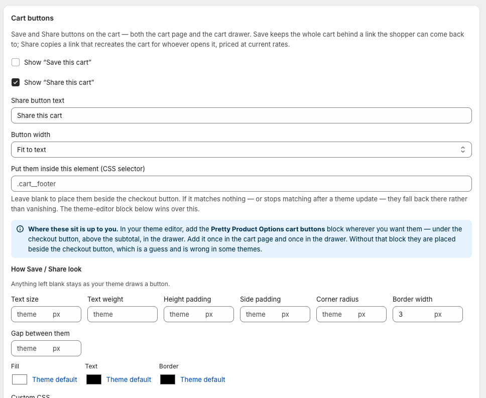 The Cart buttons settings card, with Save and Share toggles, their wording and placement controls