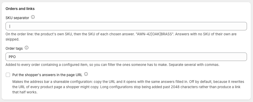 The Orders and links card, showing SKU separator, order tags and the URL option