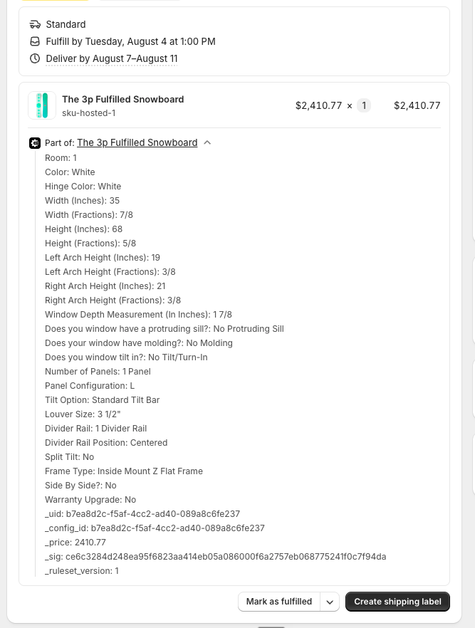 A Shopify order line showing the shopper's selections listed underneath the product name