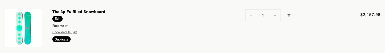 A cart line showing the product name, an Edit button, the chosen options, a Show details link and a Duplicate button
