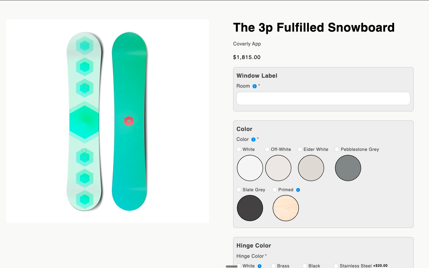 A configured product on the storefront: sections of options, a live price and the Add to cart button