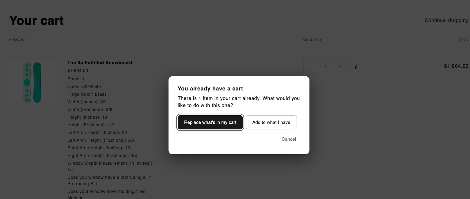 A dialog asking whether to replace the existing cart or add to it