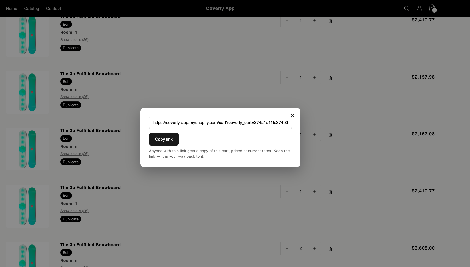 The share dialog with the link and Copy link button