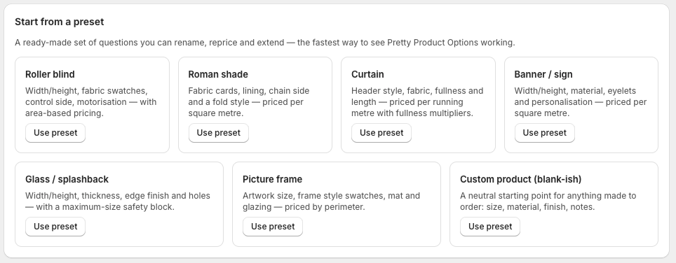 The Templates page with the preset picker: blinds, curtains, banners, glass panels, picture frames and a blank custom product
