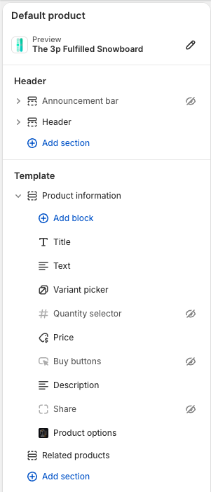 Shopify's theme editor with the Custom Product Options block placed on a product template