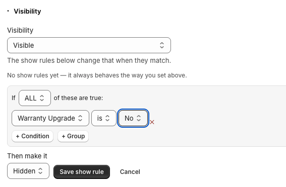 A visibility rule being built: a condition on one option, and a target choice set to disable with a reason